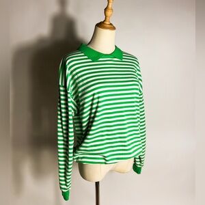 VINTAGE 90s Green Stripe Collared Long Sleeve Knit Top Medium